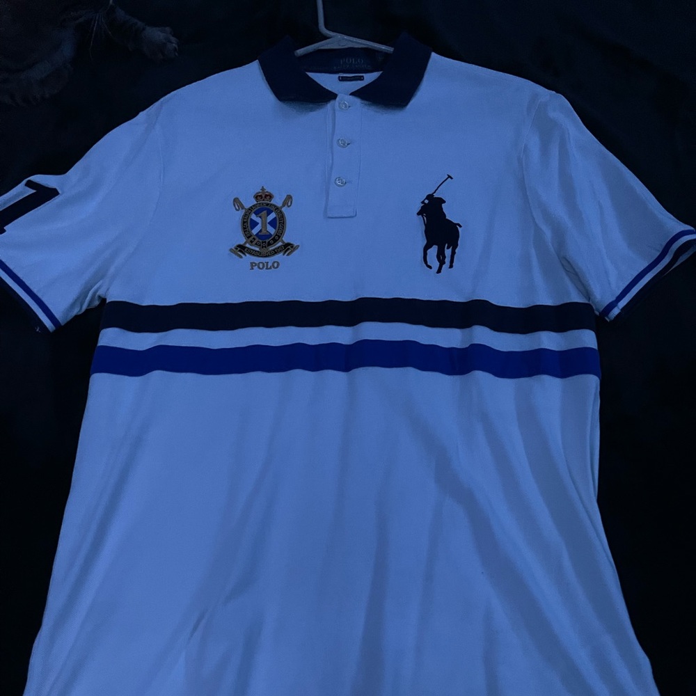 white and blue polo